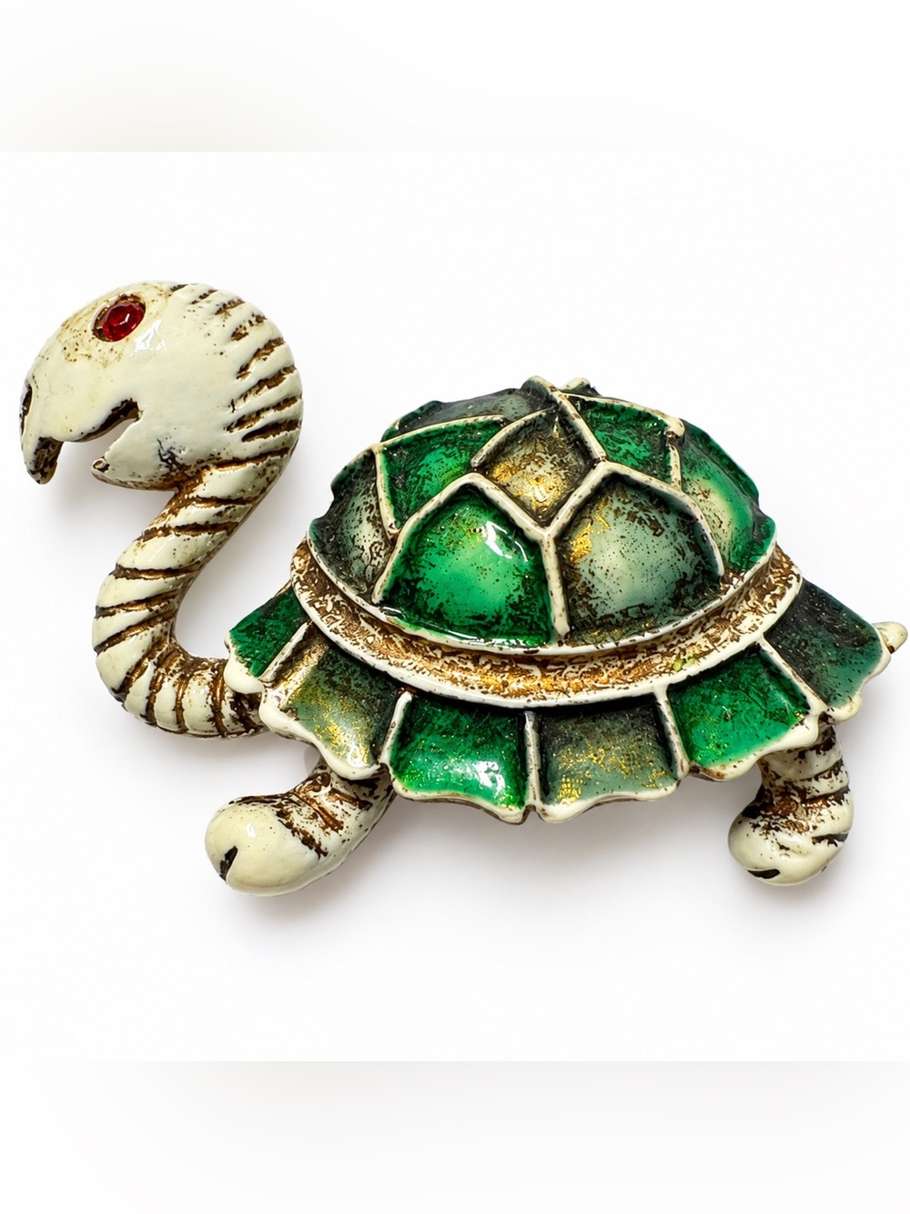 Vintage Turtle Brooch Green Enamel Red Rhinestone Eye Figural Animal Pin